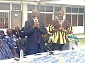 Dr Cassiel Ato Baah Forson (middle), Minister of Finance, addressing staff of the Ghana Statistical Service, as Dr Alhassan Iddrisu (right), Government Statistician, looks on