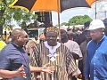 Kwame Governs Agbodza (left), Minister of Roads and Highways, briefing President John Mahama while Pe Ditundini Adiali Ayagitam III (middle), the President of the Upper East Regional House of Chiefs, looks on during the inspection of the Chuchuliga-Sandema road