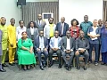 Felix Kwakye Ofosu (seated middle), Minister of State, Government Communications; Albert Kwabena Dwumfour (2nd from right), President of the Ghana Journalists Association; Alex Apau Dadey (right), Executive Chairman of the KGL Group, Omar Faruk Osman (2nd from left), President of the Federation of African Journalists; Rebecca Ekpe (left), Vice President of GJA, with other officials after the event. Picture: CALEB VANDERPUYE