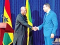 President Mahama (left) exchanging pleasantries with Andrew Michael Holness, Jamaican Prime Minister, after the media briefing