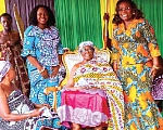 Nana Yaa Akyaa II, Asantehemaa of Asanteman (seated), with Nana Oye Bampoe Addo (right), Deputy Chief of Staff, Administration and Finance and Madam Rita Naa Odoley Sowah, MP for La Dade-Kotopon Constituency during a courtesy call by female government appointees to her palace