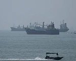 Vessels in the Strait of Hormuz are visible near the beach of Bandar Abbas, close to Larak Island