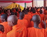 Some juvenile inmates gather in a meeting hall inside the Nayagatare juvenile correctional facility. The prison hosts over 500 juvenile inmates who are serving jail terms. 