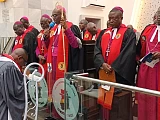 Most Rev Prof Johnson Asamoah-Gyadu Presiding Bishop of the Methodist Church Ghana inducting Mr Alfred Sakyi, Lay President of the Church into office
