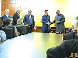 Rev. Stephen Wengam (3rd from left), General Superintendent of Assemblies of God, Ghana, introducing Rev. Dominic Yeo (2nd from right), Chairman, World Assemblies of God Fellowship, to President John Dramani Mahama (right) during the event. Looking on are the Executive Committee members