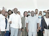 Dr Julius Debrah (arrowed), Chief of Staff, Emmanuel Kwadwo Agyekum (left to the Chief of Staff), Minister of Labour, Jobs and Employment; other officials, and some of the beneficiaries of the programme