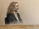 Russell Brand pictured in the dock on Wednesday in a court sketch