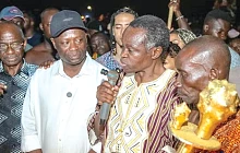 Prof. PLO Lumumna (2nd from right) making a remark at the ceremony. Those with him are Johnson Asiedu Nketia (left), National Chairman of the NDC;  Emmanuel Armah-Kofi Buah (2nd from left), Minister of Lands and Natural Resources, and other dignitaries