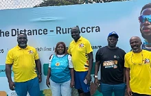Benjamin Ahulu (middle) Chairman, Dansoman Keep Fit Club with officials of FNB