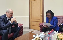 Andrei Ordash, Russian Ambassador to Ghana, speaking to Augustina Tawiah, a Principal Staff Writer with at Graphic