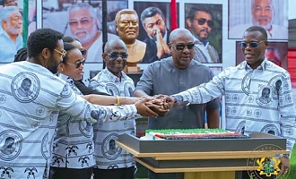 President John Dramani Mahama (2nd from left) with Fifi Fiavi Kwetey (3rd from left), General Secretary of the NDC; Johnson Asiedu Nketiah (3rd from right), National Chairman of the NDC; Dr Zanetor Agyeman-Rawlings (left), MP for Korle Klottey and daughter of the late President, among others after the unveiling of the bust of the late President