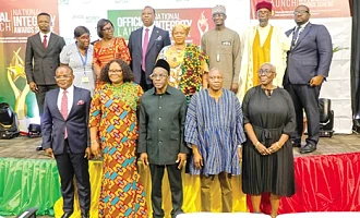 Alban Sumana Kingsford Bagbin (middle), Speaker of Parliament, with Justice William Atuguba (2nd from right), Chairman, National Integrity Awards Committee; Marietta Brew (right), Chairperson, Governing Council of the University of Ghana; Ebenezer Ahumah Djietror (left), Clerk to Parliament, and some dignitaries after the launch of the National Integrity Awards Scheme. Picture: ELVIS NII NOI DOWUONA 
