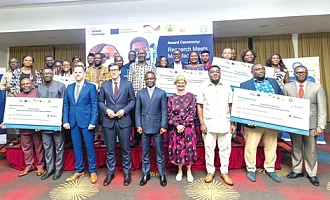  Kwabena Mintah Akandoh (3rd from right), Minister of Health; Frederik Landshoft (middle), German Ambassador to Ghana; Jonas Claes (3rd from left), Head of Political Section, European Union Delegation to Ghana; and Dr. Sodzi Sodzi-Tettey (right), CEO of the National Vaccine Institute, with some awardees. Picture: ESTHER ADJORKOR ADJEI