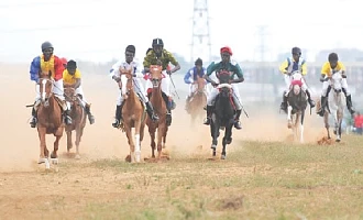 Jockeys competing at the Borteyman Race Course, the home of horseracing in Ghana now at the centre of a contentious land dispute that could threaten the sport’s future