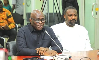 Eric Opoku (left), Minister of Food and Agriculture, explaining a point to the committee. With him is John Dumelo (right), Deputy Minister of Food and Agriculture. Picture: CALEB VANDERPUYE