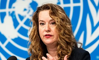 U.S. Amy Pope, Director General of the International Organization for Migration (IOM), briefs the media on Protecting Victims of Trafficking in Online Scam Operations, during a press briefing, at the European headquarters of the United Nations in Geneva
