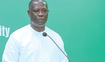 Emmanuel Armah-Kofi Buah, Minister of Lands and Natural Resources, addressing the press in Accra