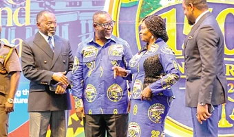 Prof. Naana Jane Opoku-Agyemang, Vice-President, interacting with Justice Paul Baffoe-Bonnie (2nd from left), Chief Justice; Dr Dominic Akuritinga Ayine (left), Attorney-General and Minister for Justice, and Dr Justice Srem-Sai (right), Deputy Attorney-General, at the 150th anniversary celebration of the Supreme Court. Picture: ELVIS NII NOI DOWUONA 