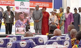 Prof. Emmanuel Adow Obeng (3rd from left), former Vice Chancellor of the University of Cape Coast, with Prof. Domwin Dabire Kuupole (2nd from left), also former VC, UCC, at a conference held in his honour with other invited guests