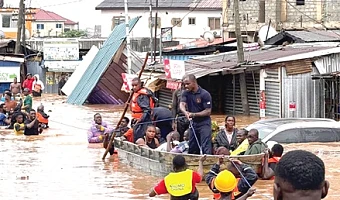 Some officials of NADMO and the 48 Engineer Regiment of the Ghana Armed Forces, on rescue operation in flood-affected areas