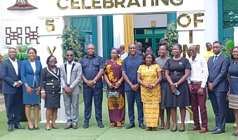 Prof. Randolph Nsor-Ambala (middle), CEO of DBG, and some dignitaries after the DBG’s 5th anniversary launch in Kumasi. Those with them include Aaron Rex Opoku-Ahene (4th from left), CEO, Sinapi Aba Savings and Loans Limited