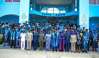 Air Vice Marshal David Anettey (5th from right), Commandant of the Kofi Annan International Peacekeeping Training Centre Justice Professor Henrietta Mensah-Bonsu (5th from left), the Keynote Speaker and Special Guest of Honour and other dignitaries and graduates in group photograph. 