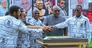 President John Dramani Mahama (2nd from left) with Fifi Fiavi Kwetey (3rd from left), General Secretary of the NDC; Johnson Asiedu Nketiah (3rd from right), National Chairman of the NDC; Dr Zanetor Agyeman-Rawlings (left), MP for Korle Klottey and daughter of the late President, among others after the unveiling of the bust of the late President