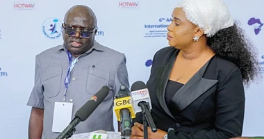 Dr John Machayi (left), President and CEO, Association of African Higher Education Financing Agency, and Dr Saajida Shiraz (right), CEO, Student Loan Trust Fund, explaining a point to the press. Picture: ELVIS NII NOI DOWUONA