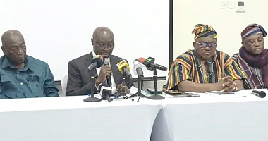 Dr Cassiel Ato Forson (2nd from left), Minister of Finance, speaking at the signing of the agreement between government and Organised Labour. Those with him are Dr George Smith-Graham (3rd from right), Chief Executive Officer, FWSC; Joshua Ansah (left), Secretary General, TUC and Thomas Musah (2nd from right), General Secretary, GNAT