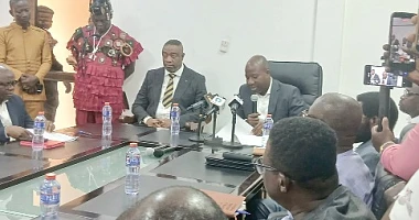 Mahama Ayariga (right), Minister of Local Government, Chieftaincy and Religious Affairs, speaking at the inauguration of the steering committee of the Accra Green and Clean City Initiative, while King Tackie Teiko Tsuru II, the Ga Mantse, who is the chair of the initiative looks on